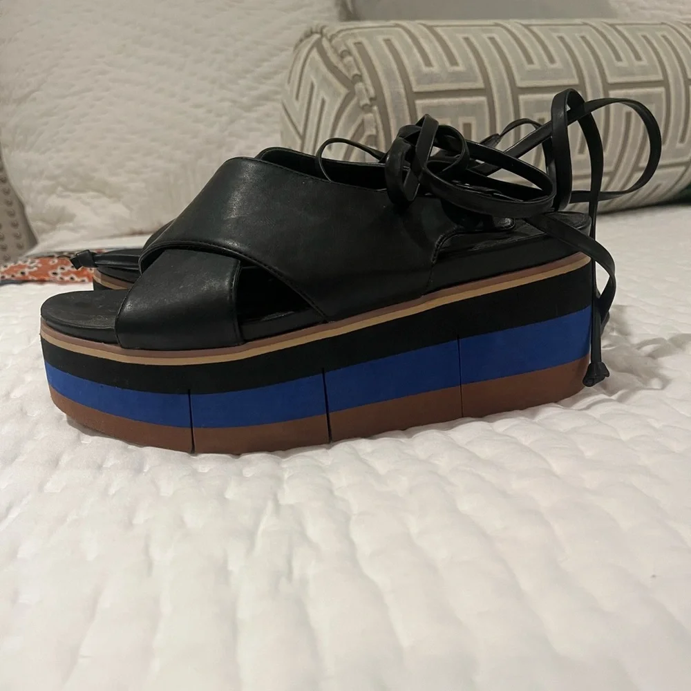 Black strappy Leather Platform Sandal with Blue and brown stripe Accent